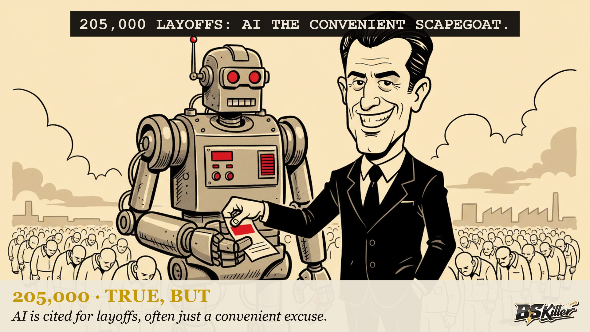 205,000 layoffs blamed on AI in eight months. The firm that's counted this stuff since 1993 gets to less than half that number.