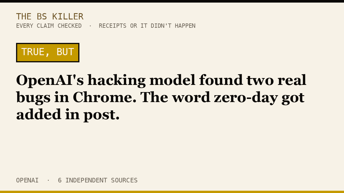 OpenAI's hacking model found two real bugs in Chrome. The word zero-day got added in post.