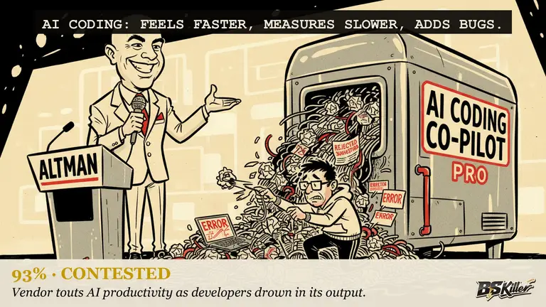 AI illustration for: 93 percent of developers now use AI coding tools. Six independent studies converge on the same measured productivity gain: about 10 percent. In a randomized trial, experienced developers using frontier AI tools took 19 percent longer than those working without them. They thought they were 20 percent faster.