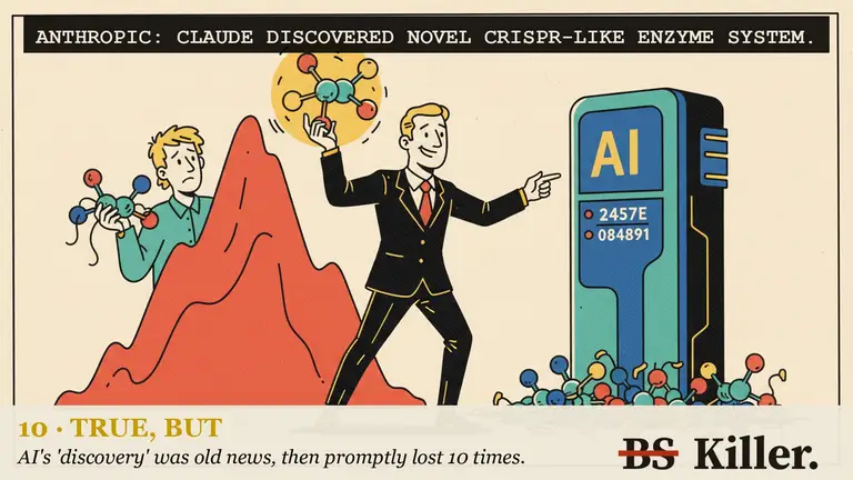 AI illustration for: Anthropic says Claude discovered a CRISPR-like enzyme system. Its own post says the function is not yet known, The Next Web reports all ten reruns of the search missed the array, and a Copenhagen researcher says his unpublished work describes the same finding.