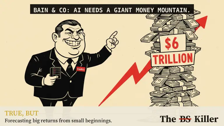 AI illustration for: AI 'needs $6 trillion a year' to justify the data-centre boom. The number is a $1.5 trillion spending forecast divided by an assumed ratio of about a quarter.