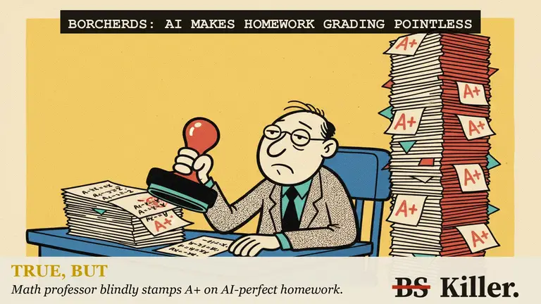 A teacher stamps a tall stack of homework with checkmarks while students nearby work a paper test with pencils.