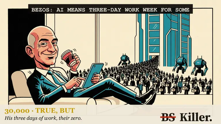 AI illustration for: Bezos says AI will bring three-day work weeks and make it hard to hire. The coverage in our record gives no timeline, and Amazon has cut about 30,000 corporate roles since late last year.