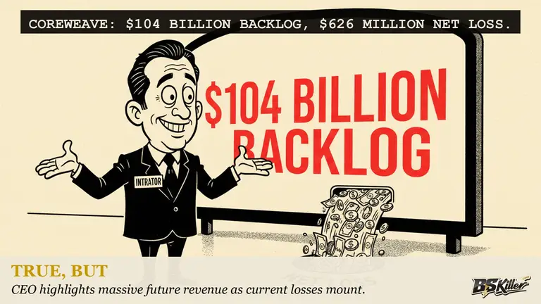 AI illustration for: CoreWeave says it has $104 billion in revenue backlog, up 246 percent. The same release shows a $626 million quarterly loss, and the credit market is pricing a coin flip on whether the company survives five years to collect.