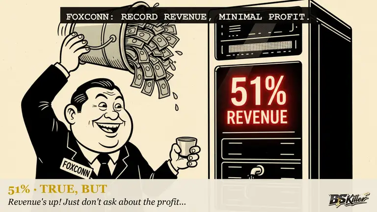 AI illustration for: AI servers are now more than half of Foxconn's revenue, a first. Foxconn's own release shows what half the revenue buys: a 6.12 percent gross margin, thinner than last year.