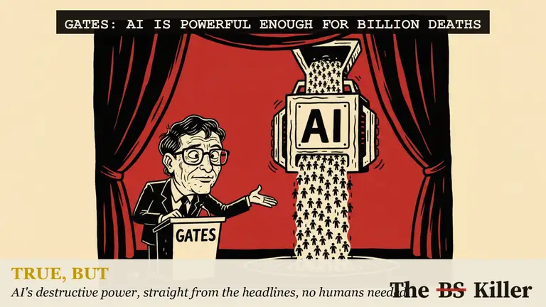 AI illustration for: Bill Gates did say AI is powerful enough to drive events that cause a billion deaths. His next sentence named the weapon: people with ill intent using the latest AI tools. The headlines we checked kept the first sentence.