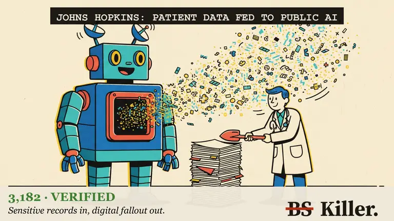 A clerk wipes a chalkboard clean while a faceless robot's back hatch still bulges with patient papers.