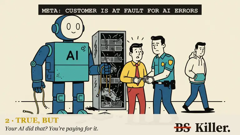 A robot hands a shopkeeper a mop and a long scroll after a paint spill.