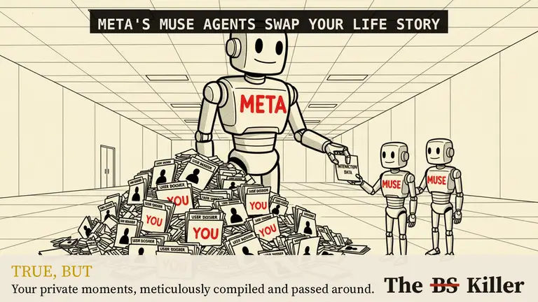 Three scenes side by side: a white robot in a living room, a filing cabinet full of folders, and small white figures gathered around a table.