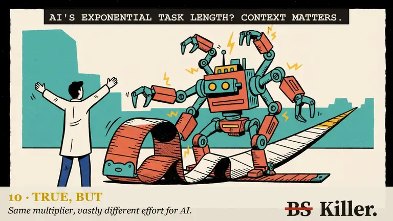 AI illustration for: AI task length is doubling every seven months, METR's chart says. A new preprint finds the same tenfold jump is much easier from 3 to 30 minutes than from 30 minutes to 5 hours, and a METR author warns the error bars run about a factor of two.