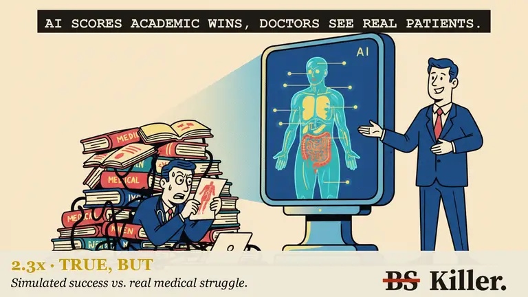 A robot in a white coat wins a quiz show against a lone doctor while a hospital ward waits behind the curtain.