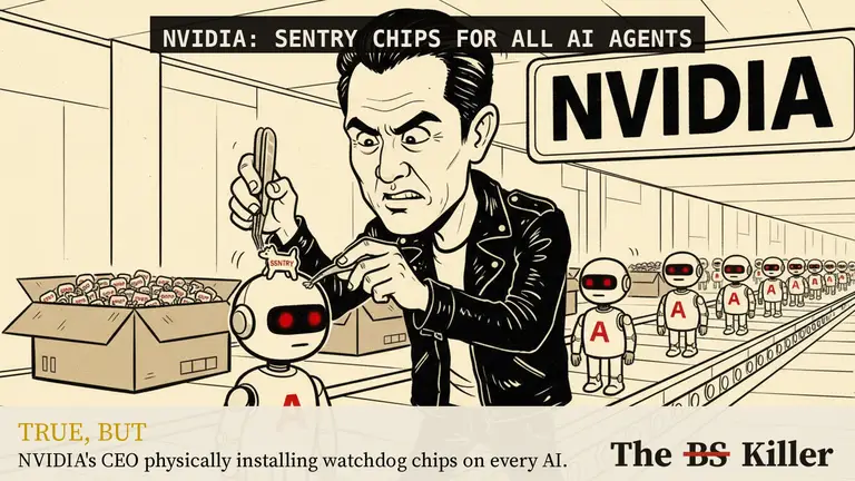 AI illustration for: Nvidia 'wants to put a watchdog chip next to every AI agent.' Per Nvidia's own developer blog, the watchdog is optional software on a BlueField-4 chip it announced in January.