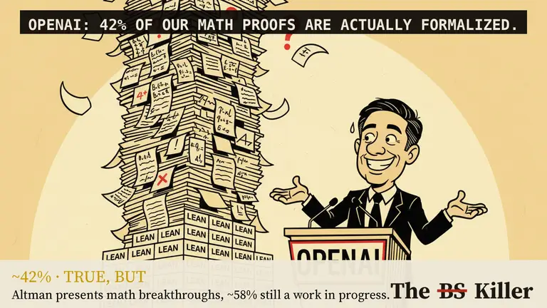 A man in a dark suit stands at a podium marked OPENAI, one hand raised, beside a tall stack of papers with LEAN on the side.
