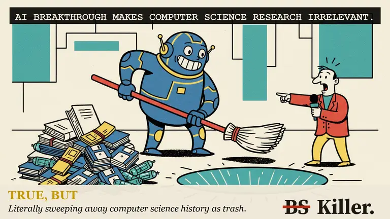 Scientists with magnifying glasses climb toward a robot's flag on a book stack.